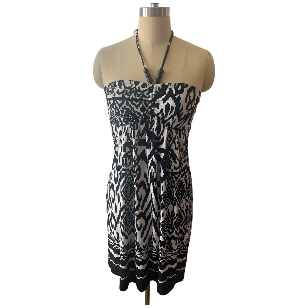Y2K Tribal Halter Mini Dress Black White Boho Festival Chic Resort Vacation Sz 6